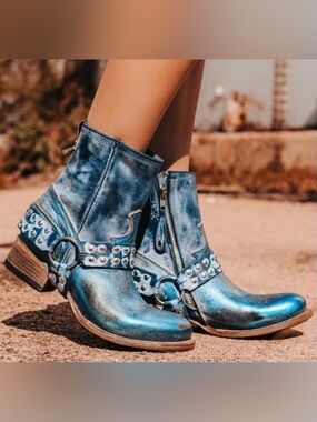 Freebird by Steven Metallic Blue Leather Ankle Boots with Studs